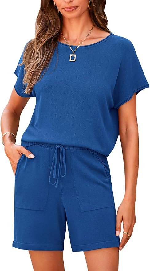 PRETTYGARDEN Two Piece Set 2024 Summer Lounge Tracksuit Outfits Shorts And Short Sleeve Tops Knit... | Amazon (US)