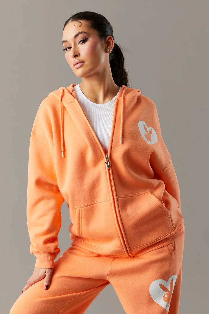 Playboy Printed Orange Fleece Zip-Up Hoodie | Urban Planet