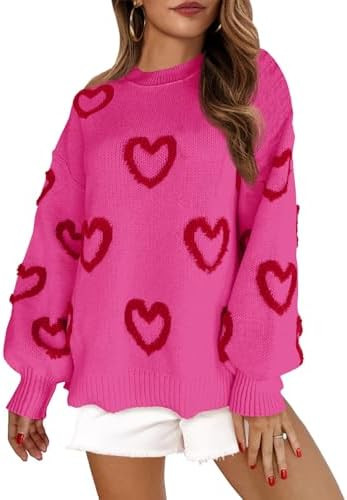 Saodimallsu Womens Heart Sweater Valentines Oversized Cute Winter Chunky Knit Crew Neck Side Slit... | Amazon (US)