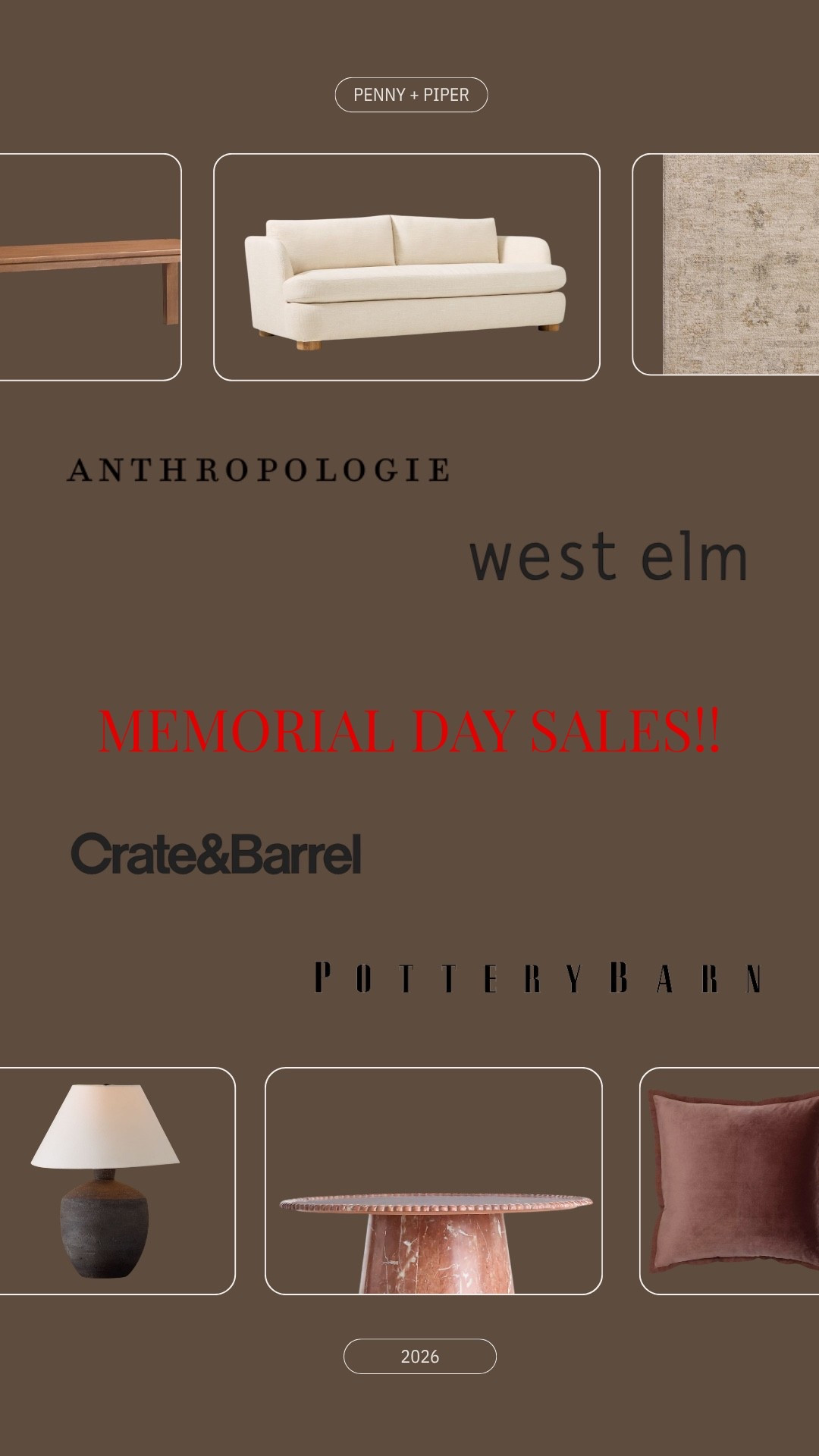 MEMORIAL DAY SALES ‼️
HOME DECOR AND FURNITURE 

Anthropologie, Crate & Barrel, Pottery Barn, West Elm and more!!

#LTKmemorialdaysales #LTKsaleshomedecor #LTKmemorialday #LTKfurnituresales

#LTKHome