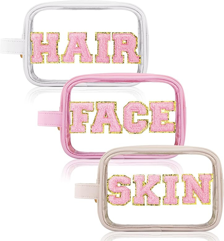 Sotiff 3 Pcs Preppy Patch Makeup Bag Cosmetic Bag Travel Toiletry Bag for Women Chenille Letters Patch Bag with Handle Waterproof Portable Preppy Purse Zipper Pouch for Girls (Colorful,PU) | Amazon (US)