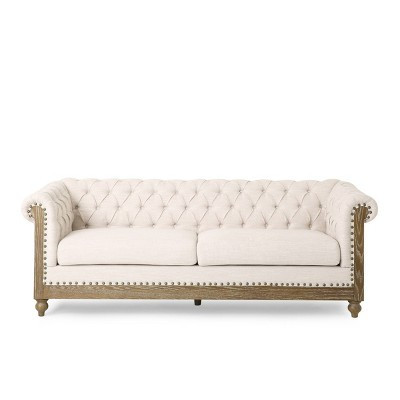Castalia Chesterfield Tufted Fabric 3 Seater Sofa with Nailhead Trim Beige/Dark Brown - Christopher Knight Home | Target