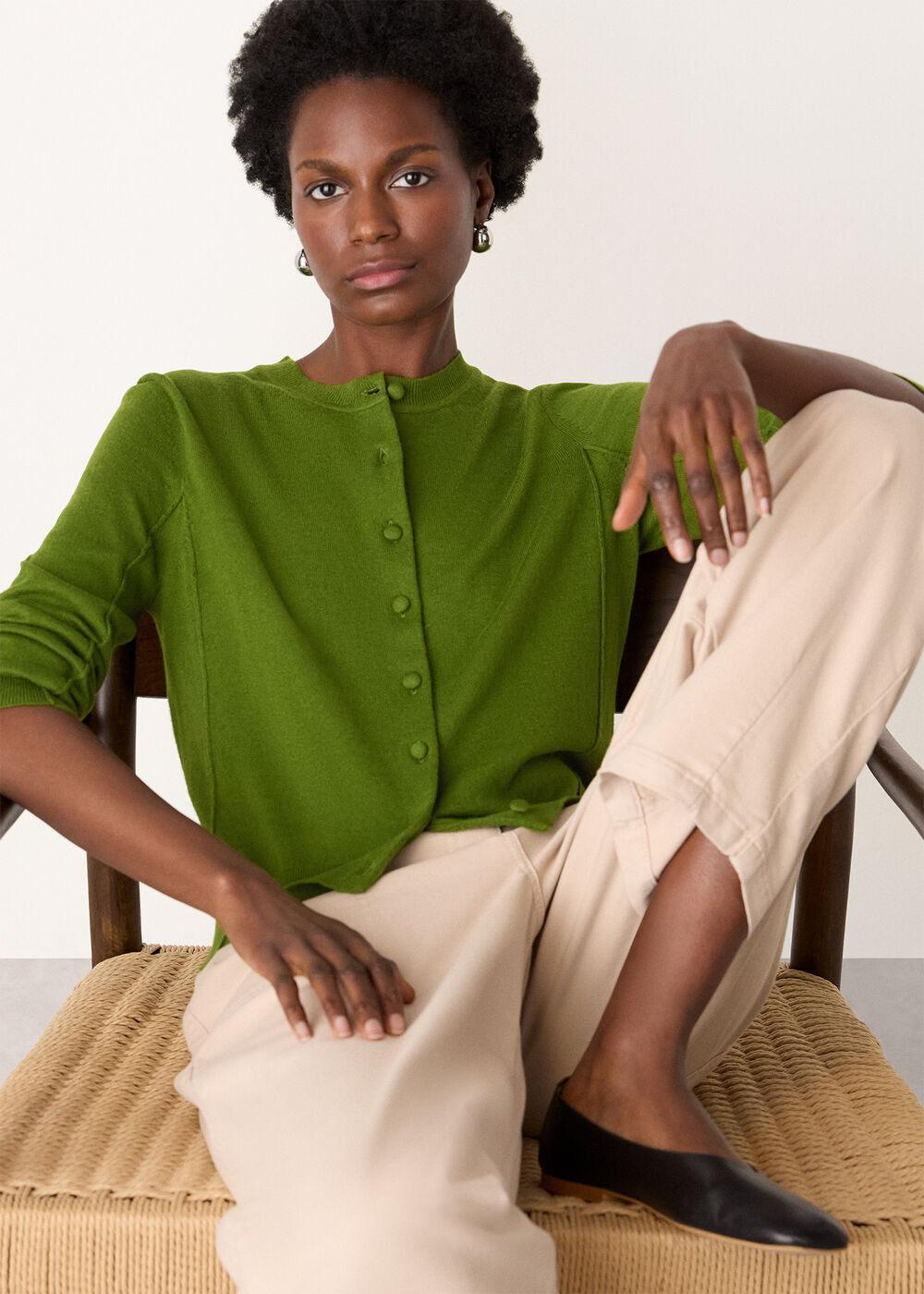 Green Fine Gauge Crew Neck Cardigan | WHISTLES | Whistles UK | | Whistles