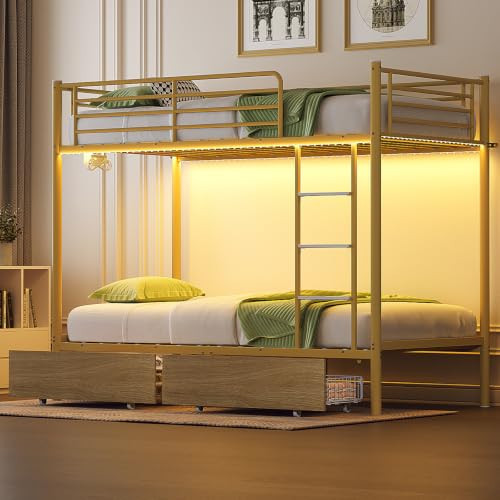 Bonnlo Metal Bunk Bed Frame Twin Over Twin with 2 Drawers, LED Lights, Safety Guardrail & Ladder, Charging Station, for Kids, Teens & Adults, Space-Saving, No Box Spring Needed, Gold | Amazon (US)