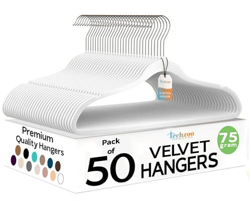 Techzoo Premium Velvet Hangers 50 Pack Ultra Thin Non Slip Adult Felt Space Saving Slim Suit Hanger for Closet Heavy Duty Coat Pants Jackets Dress Hangers 360° Swivel Hook Hold Upto 10 lbs White | Amazon (US)
