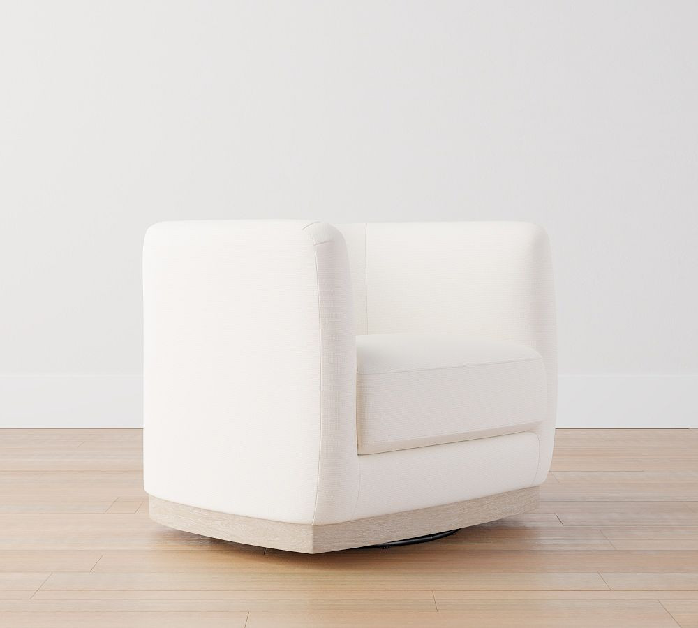 Danton Upholstered Swivel Armchair with Wood Base, Polyester Wrapped Cushions, Performance Chateau Basketweave Ivory | Pottery Barn (US)