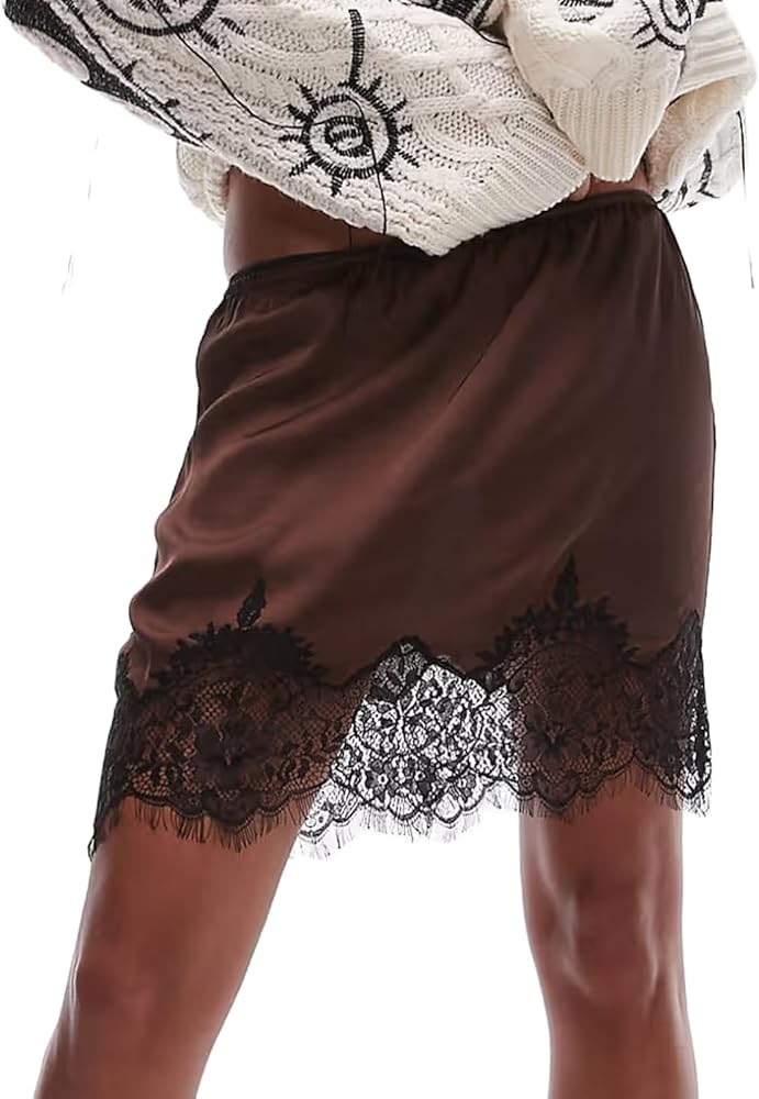 Women Lace Trim Silk Mini Skirt Y2k Lacy Satin A Line Half Silp Short Skirt Cute High Waist Under... | Amazon (US)