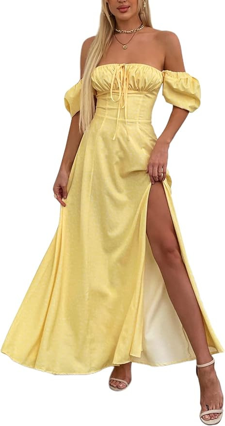 Women's Summer Puff Sleeve Floral Split Maxi Dress Flowy A Line Casual Beach Long Dresses 2024 | Amazon (US)