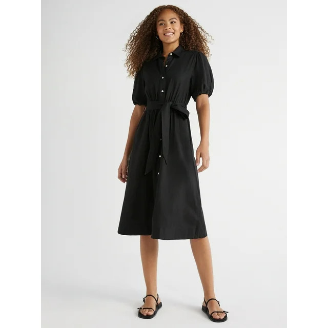 Free Assembly Women’s Midi Shirtdress with Puff Sleeves, Sizes XS-XXL - Walmart.com | Walmart (US)