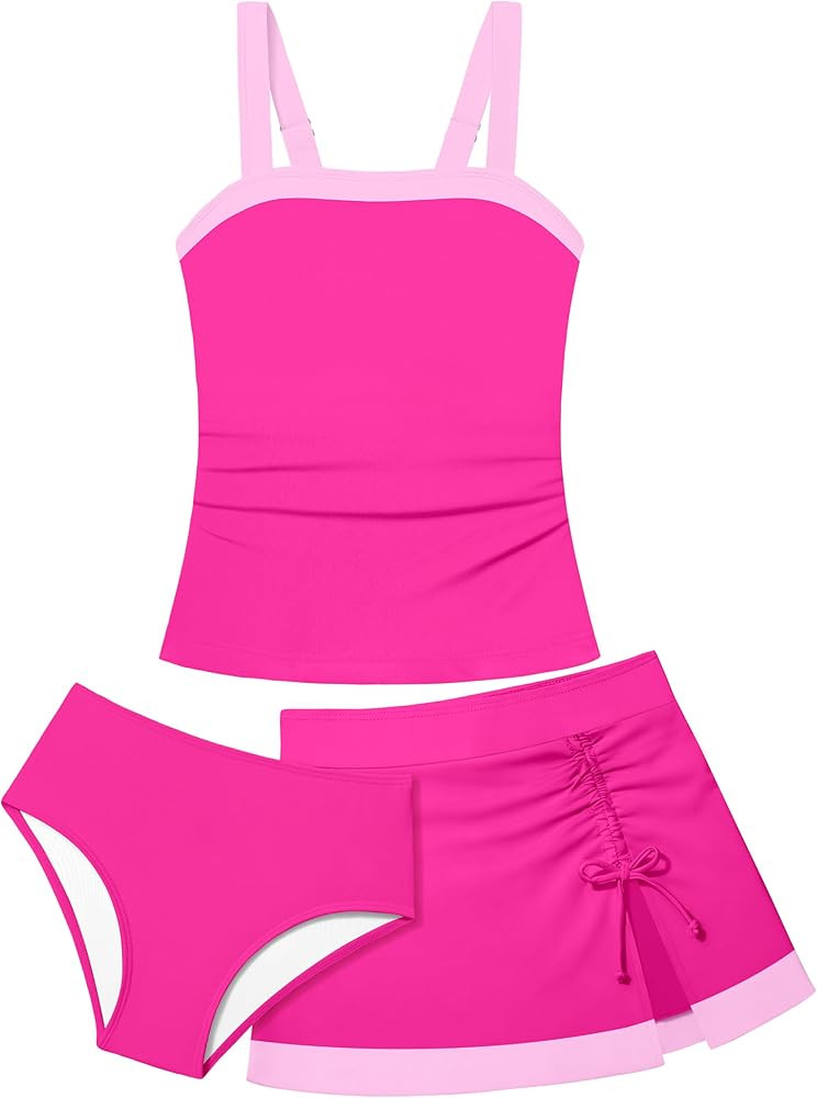 Girls Tankini Swimsuit 3 Piece Color Block Bathing Suits with Drawstring Cover Up Slit Skirt Girl... | Amazon (US)