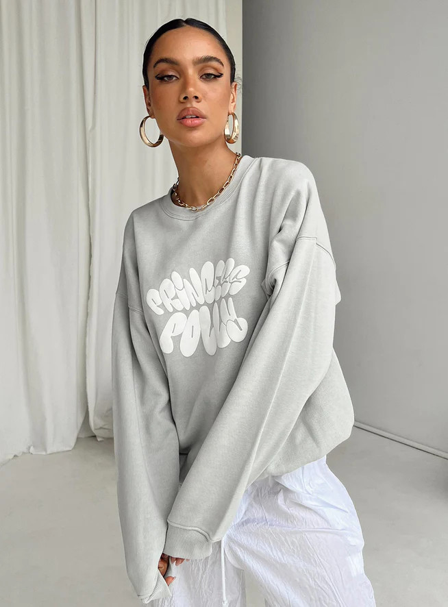 Princess Polly Crew Neck Sweatshirt Bubble Text Grey / Cloud White | Princess Polly US