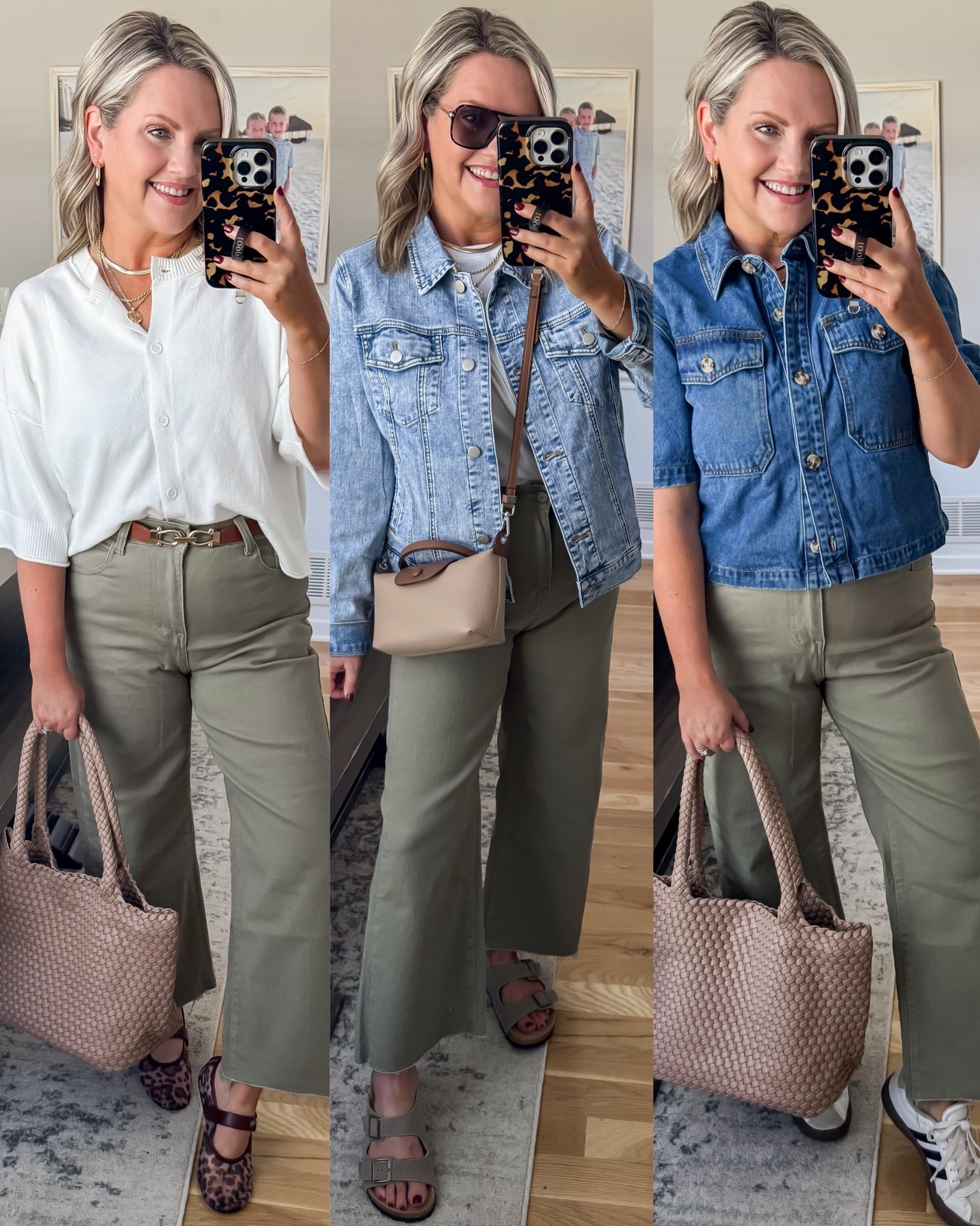 Olive cropped wide leg jeans styled 3 ways! These would be great for teachers or business casual workwear too! I’m in size 6, these run tts. I’m in size small in all tops and medium in the jacket. 

#LTKSeasonal #LTKStyleTip #LTKFindsUnder50