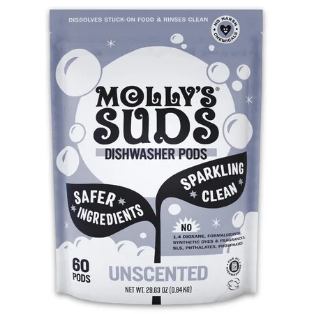 Molly's Suds Dishwasher Pods | Natural Dishwasher Detergent, Cuts Grease & Rinses Clean (Residue-Free) for Sparkling Dishes | 60 Auto-Release Tabs (Unscented) | Walmart (US)