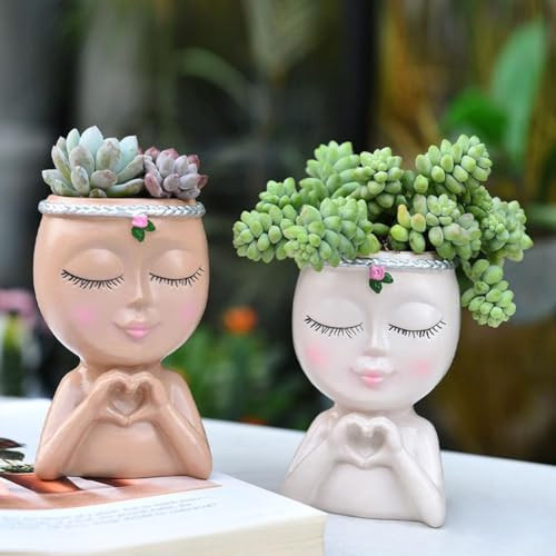 Face Planter Pot with Heart Hands, Unique Resin Head Planter for Indoor Plants, Cute S-ucculent Pots with Drainage Hole, Decorative Makeup Brush Holder for Vanity, for Women | Amazon (US)