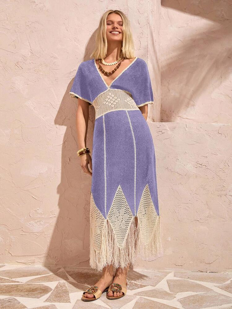 Bóhologie Women V-Neck Hollow Out Detailed Midi Knit Sweater Dress | SHEIN