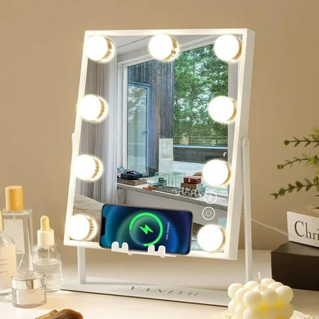 VANITII 9.85 x 11.85 Vanity Makeup Mirror with Lights Bluetooth Wireless Charging Tabletop Metal White | Walmart (US)