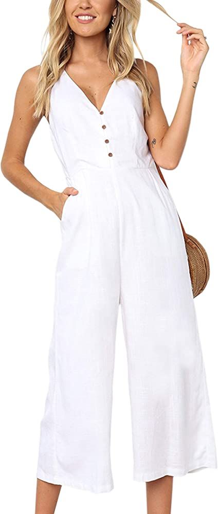 ECOWISH Womens Jumpsuits Casual Button Deep V Neck Sleeveless High Waist Wide Leg Jumpsuit Rompers w | Amazon (US)