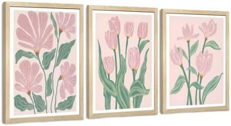 JLTULT 3 Pieces Pink Tulips Floral Wall Art, Boho Pink Green Botanical Wall Decor, Modern Abstrac... | Amazon (US)