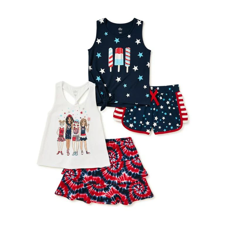 Girls Patriotic 4th of July Tank Top, Skirt, and Shorts 4-Piece Outfit Set, Sizes 4-18 | Walmart (US)