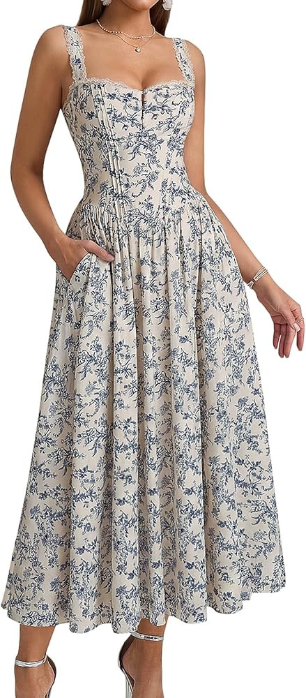 KUTUMAI Women Summer Corset Midi Dress Floral Lace Smocked Flowy A Line Wedding Guest Bridal Show... | Amazon (US)