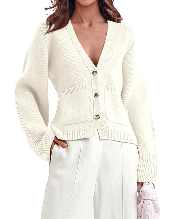 Saodimallsu Womens Deep V Neck Cardigan Sweaters Open Front Button Down Long Sleeve Cropped Knit ... | Amazon (US)