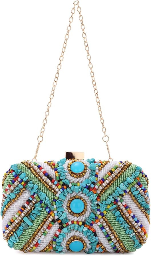 Fecialy Women Clutch Purse Natural Stone Square/Heart Evening Handbag Beaded Purse Satin Crossbod... | Amazon (US)