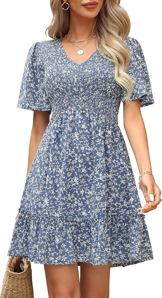 Ellakoko Womens Casual Summer Dresses Floral Smocked Short Sleeve Empire Waist Cute Babydoll Swis... | Amazon (US)