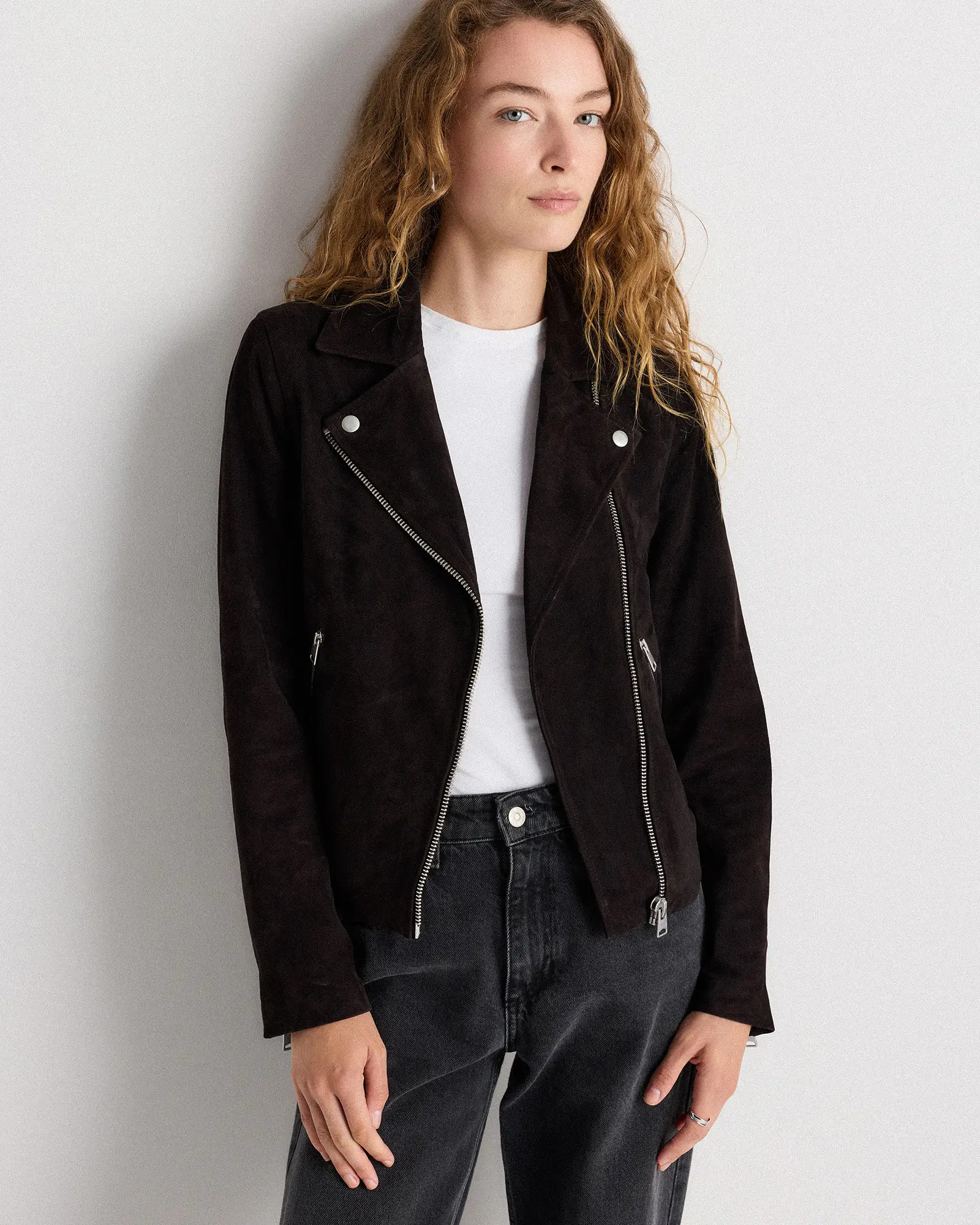 100% Suede Motorcycle Jacket in Charcoal Black | Quince