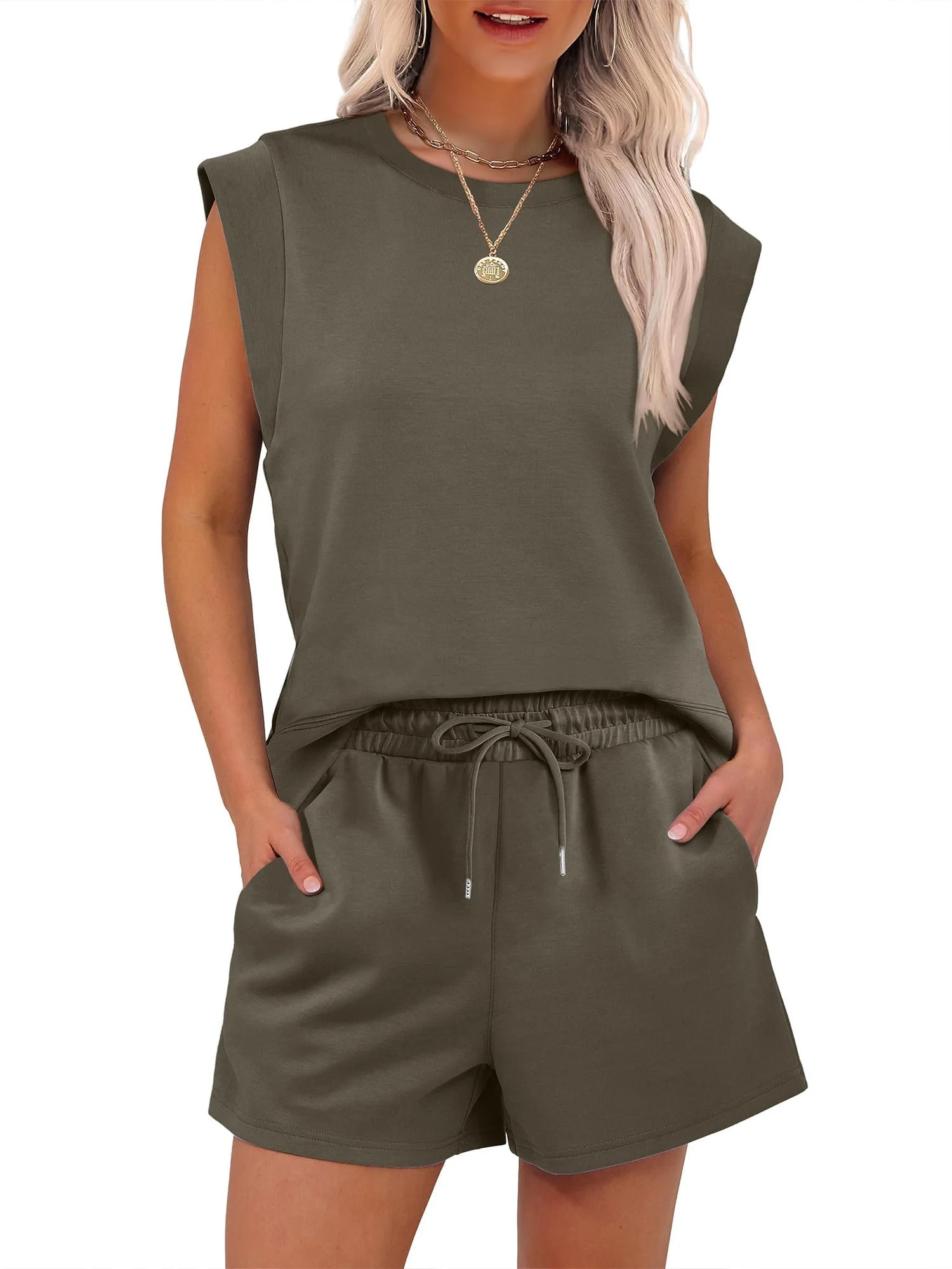 SHIBEVER 2 Piece Sets for Women Summer Casual Sleeveless Womens Tops and Shorts Set with Pockets ... | Walmart (US)