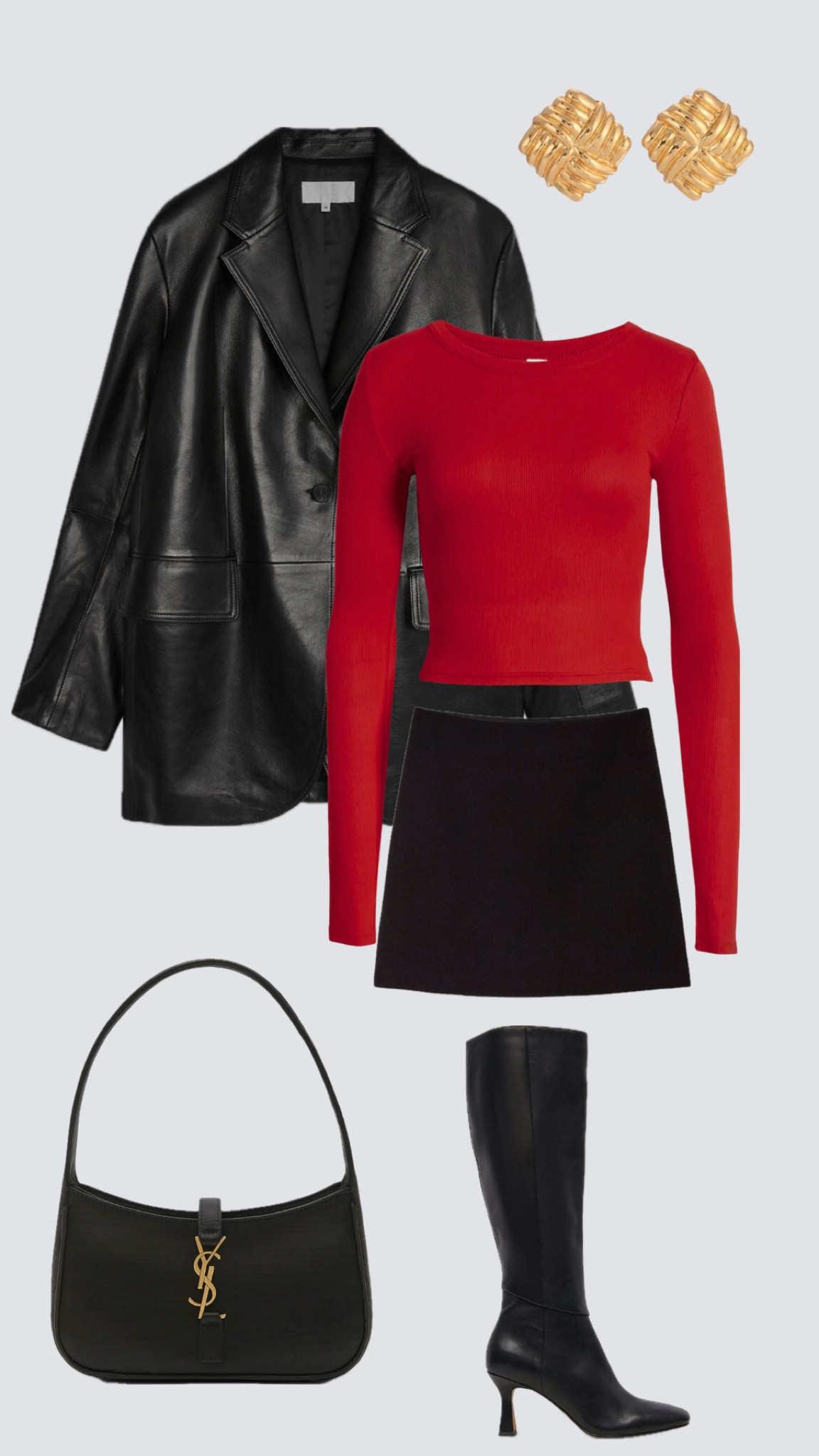 night out outfit inspo / red long sleeve top, black mini skirt and black leather blazer 

#LTKstyletip