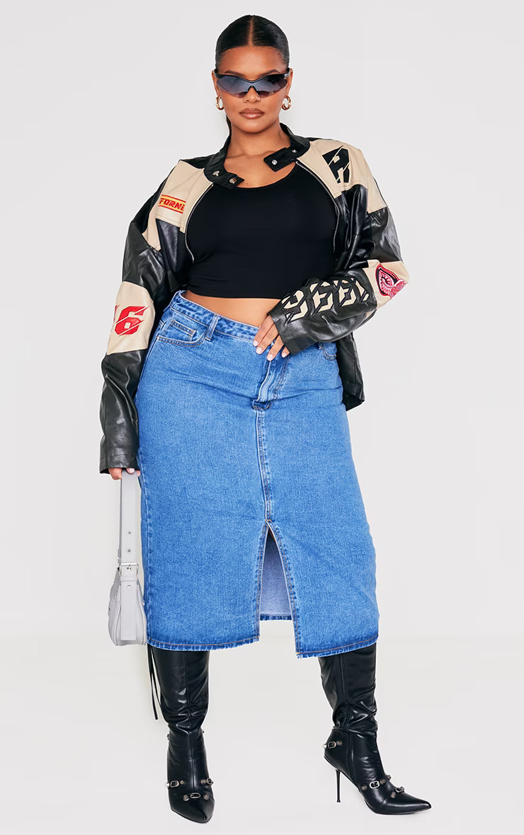 Plus Mid Blue Wash Split Front Denim Midi Skirt | PrettyLittleThing UK