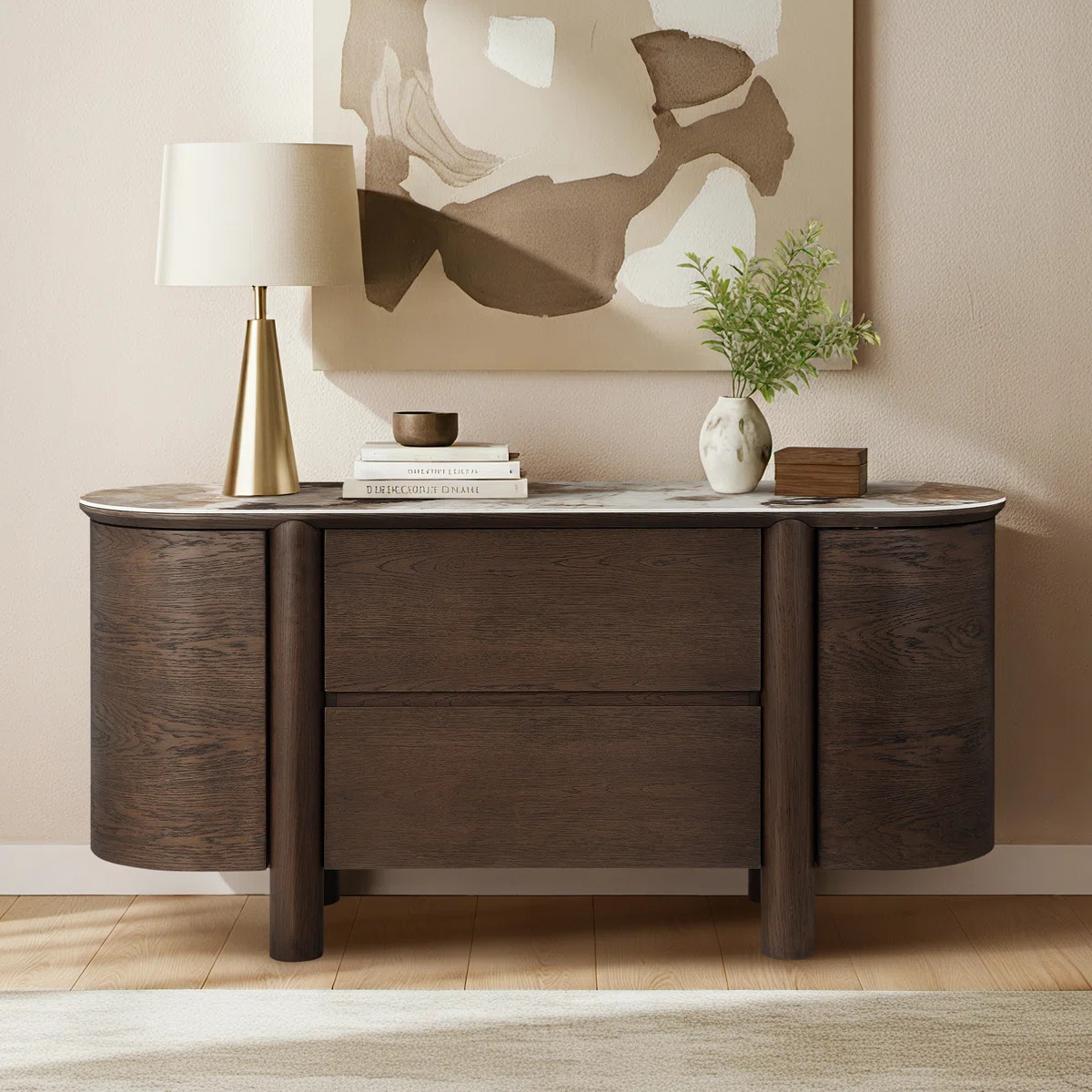 Mavell 63" Modern Oak Wood 2-Drawer Sideboard with Silver Fox Ceramic Top | Wayfair North America