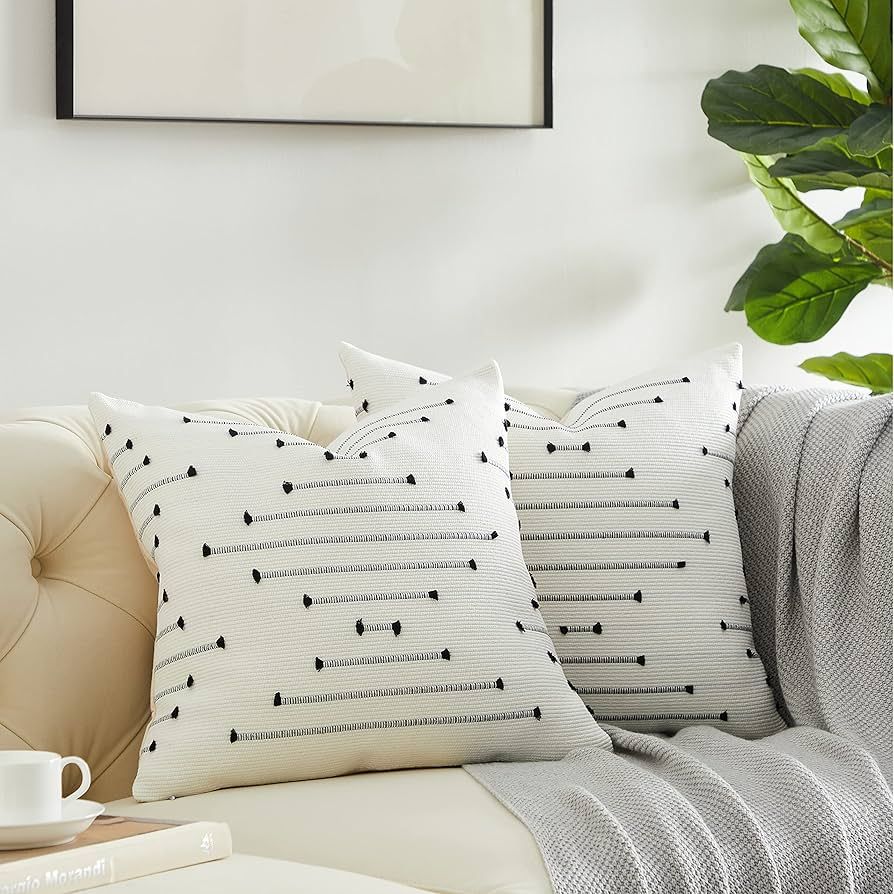 Black Boho Pillow Covers 18x18,Set of 2,Cotton Linen Decorative Throw Pillow Covers for Coush Sofa S | Amazon (US)