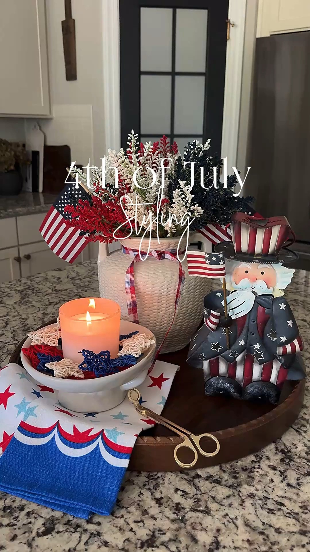 4th of July Styling!!
250 years is really something to celebrate!! I am doing it up big this year and this festive tray will be gracing my island♥️🤍💙.

I have sourced a few of the vintage Uncle Sam lanterns and linked them below.

Vase, red, white & blue stems, vintage metal Uncle Sam lantern, patriotic towel, bowl, red, white & blue stars, candle, gold wick trimmer, ribbon, small American flags, tray

#LTKSeasonal #LTKstorytime #LTKHome