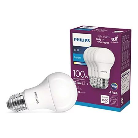 Philips LED High Lumen A19 Bulb, Non-Dimmable, 1500 Lumen, Daylight (5000K), 15W=100W, E26 Base, 4-P | Walmart (US)
