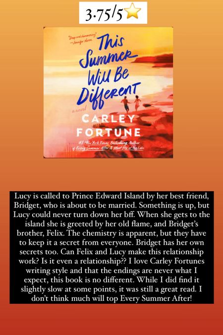 74. This Summer will be Different by Carley Fortune :: 3.75/5⭐️ Lucy is called to Prince Edward Island by her best friend, Bridget, who is about to be married. Something is up, but Lucy could never turn down her bff. When she gets to the island she is greeted by her old flame, and Bridget’s brother, Felix. The chemistry is apparent, but they have to keep it a secret from everyone. Bridget has her own secrets too. Can Felix and Lucy make this relationship work? Is it even a relationship?? I love Carley Fortunes writing style and that the endings are never what I expect, this book is no different. While I did find it slightly slow at some points, it was still a great read. I don’t think much will top Every Summer After!


#LTKHome #LTKTravel
