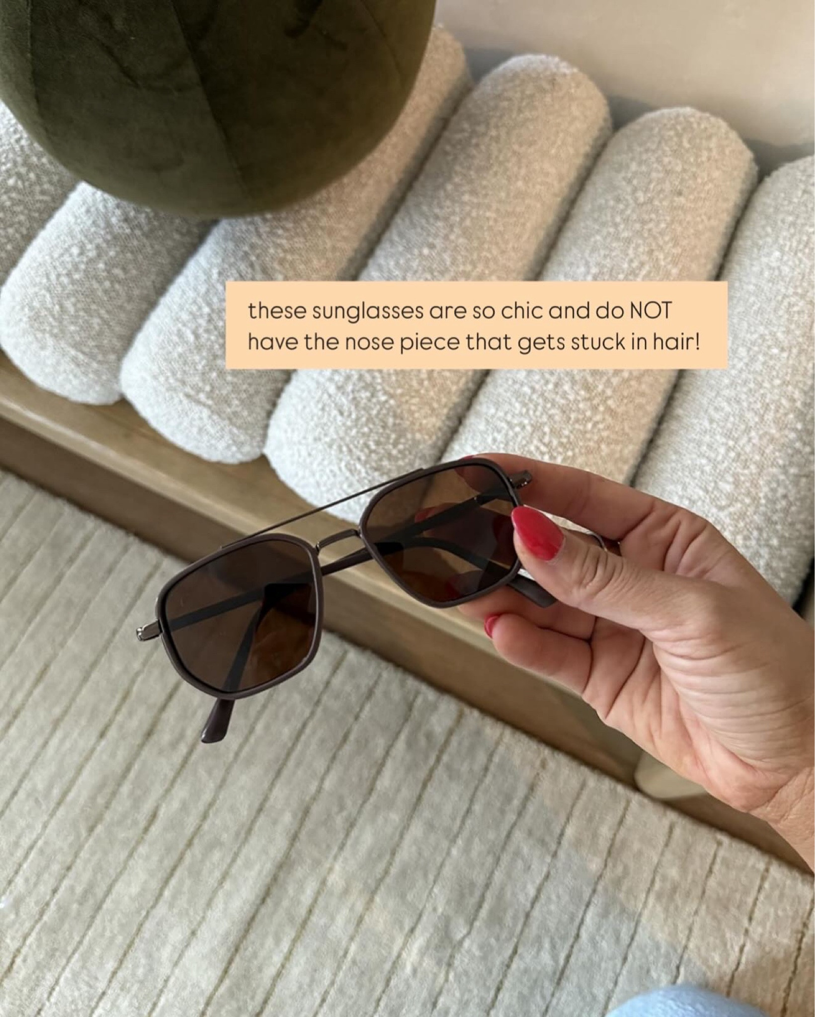 The best sunglasses!! They don’t have the nose piece that gets stuck in hair!!

Sunglasses 2025 chic sunglasses  

#LTKFindsUnder50 #LTKSeasonal #LTKStyleTip