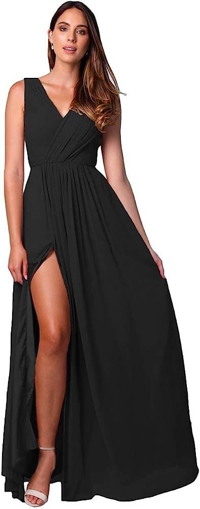 Long Chiffon Bridesmaid Dresses for Women V Neck Long Slit Pleated Formal Party Dress with Pockets A | Amazon (US)