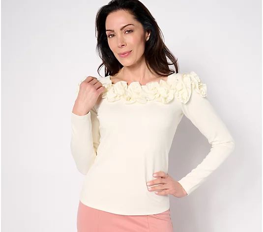 BEAUTIFUL by Lawrence Zarian Silky Ponte Top with Rosette Detail | QVC