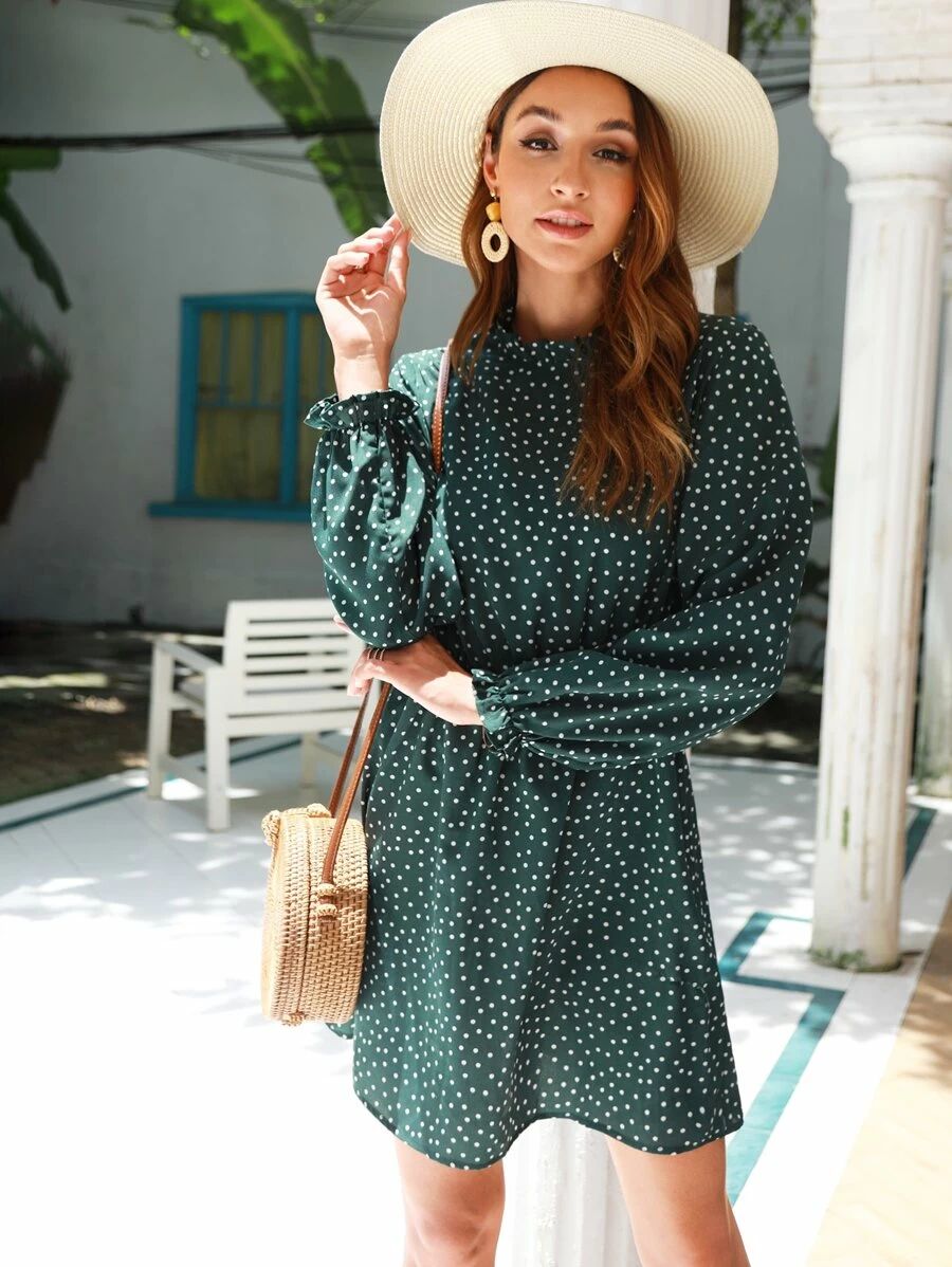 Polka Dot Frill Trim Long Sleeve Dress | SHEIN