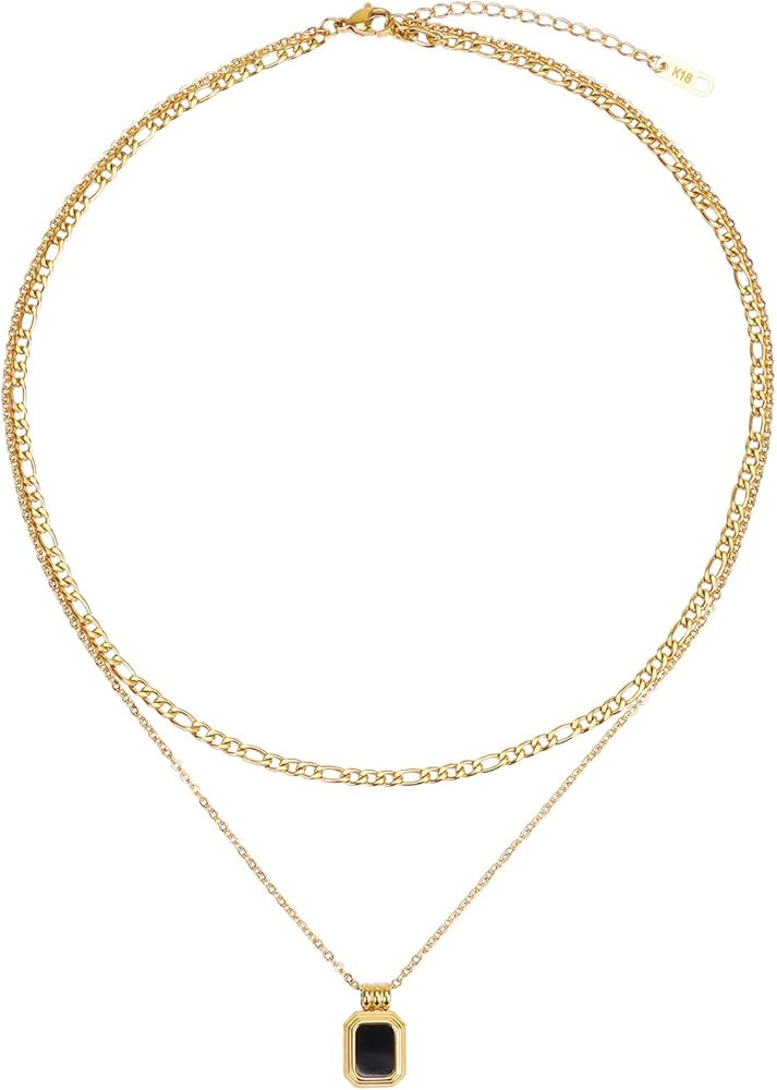 Amazon.com: LETTARIUS Layering Necklace Gold Curb Chain Choker Dainty Black Square Pendant Layere... | Amazon (US)