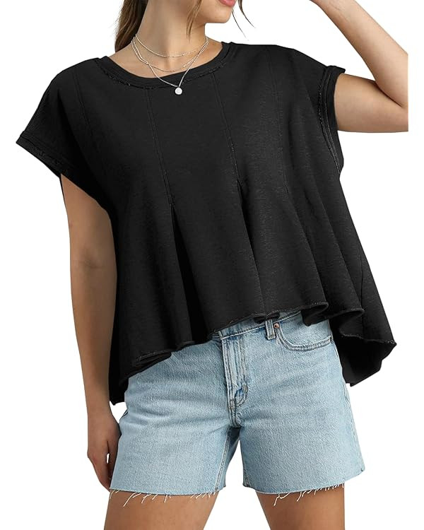 Fisoew Womens Oversized Casual T-Shirts Crewneck Short Sleeve Summer Loose Fit Babydoll Peplum To... | Amazon (US)