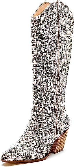 Women's Rhinestone Boots Western Mid Calf Pointed Toe Fashion Cowgirl Boots 5cm Chunky Stacked He... | Amazon (US)