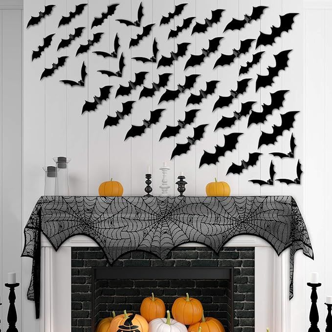 Halloween Decoration Black Lace Spiderweb Fireplace Mantle 60 Pieces 3D Scary Bats Wall Sticker W... | Amazon (US)