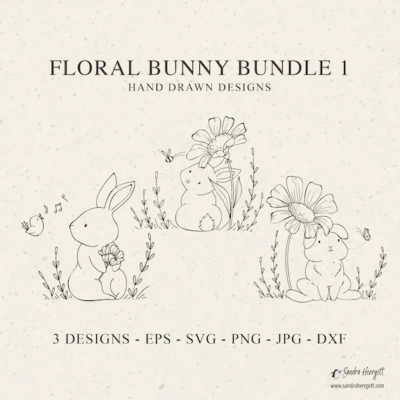 Set of 3 Floral Bunny Svg Clipart Files Botanical Animal Cut | Etsy | Etsy (US)