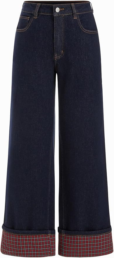 CIDER Wide Leg Jeans Stretchy Plaid Cuffed Folded Hem Straight Leg Denim | Side Pockets,Middle Wa... | Amazon (US)
