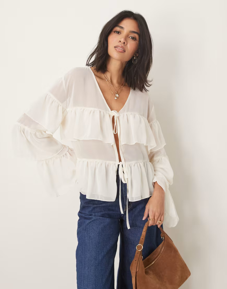 ASOS DESIGN chiffon boho ruffle blouse in cream-White | ASOS (Global)