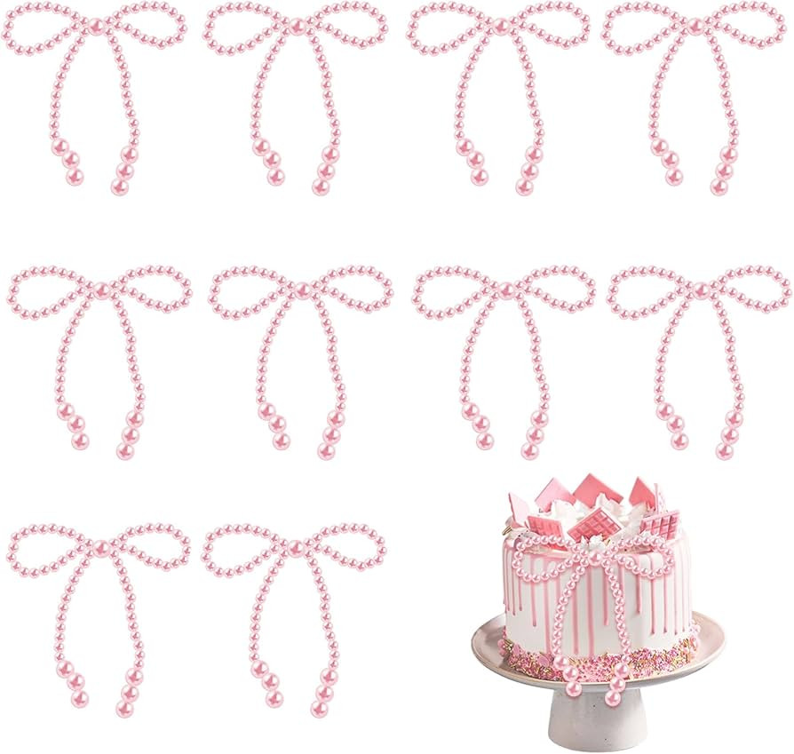 10 Pcs Pearl Bow Cake Toppers, 4.3x3.9 Inches Pink Pearl Beaded Cake Decorations, Large and Small... | Amazon (US)