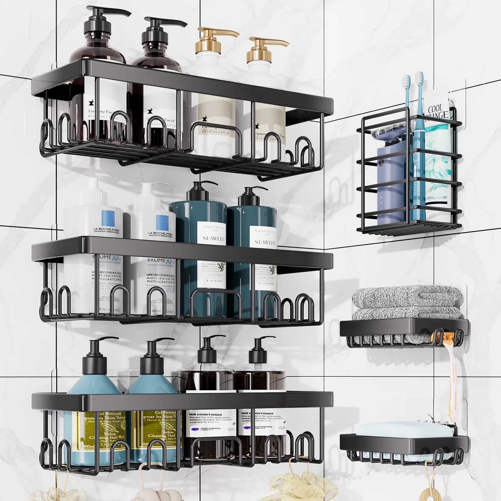 Ophanie Adhesive Shower Caddy 6 Pack, Large Capacity Bathroom Organizers and Storage, No Drilling Wall-Mounted Basket, Black | Walmart (US)