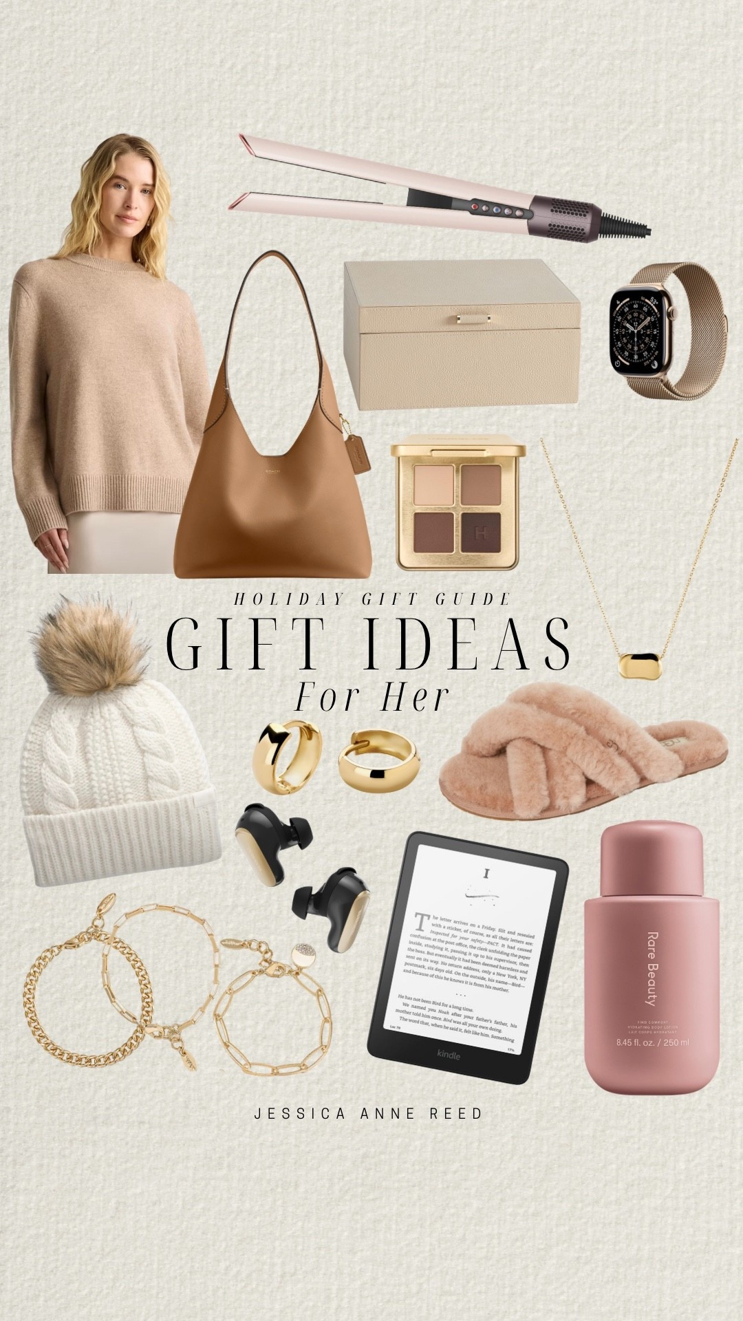 Gift ideas for her include Tare beauty lotion, slippers, kindle, bracelet set, ear buds, hoop earrings, beanie hat, necklace, eye palette, Apple Watch, jewelry box, handbag, and sweater.

Gift guide, gifts for her, gift ideas, gift for wife, gift for mom

#LTKFindsUnder100 #LTKHoliday #LTKGiftGuide